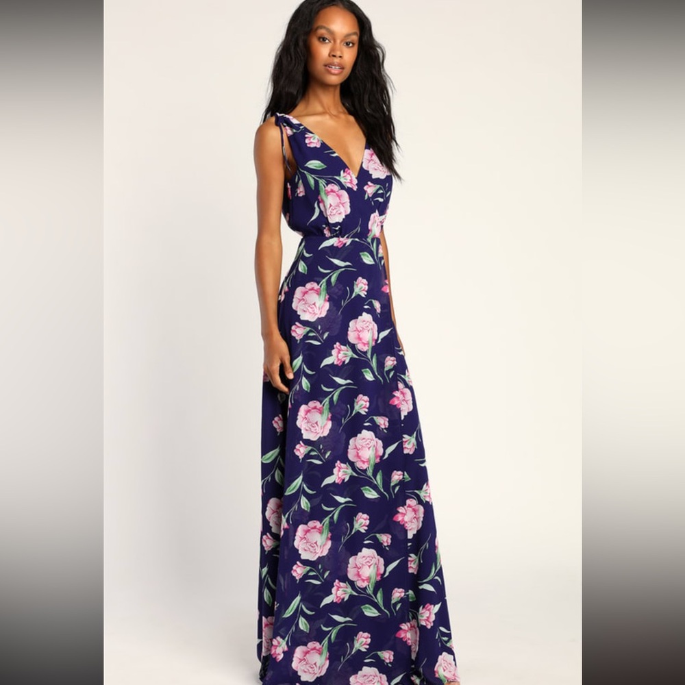 Lulus Navy Floral Print Maxi Dress, NWT